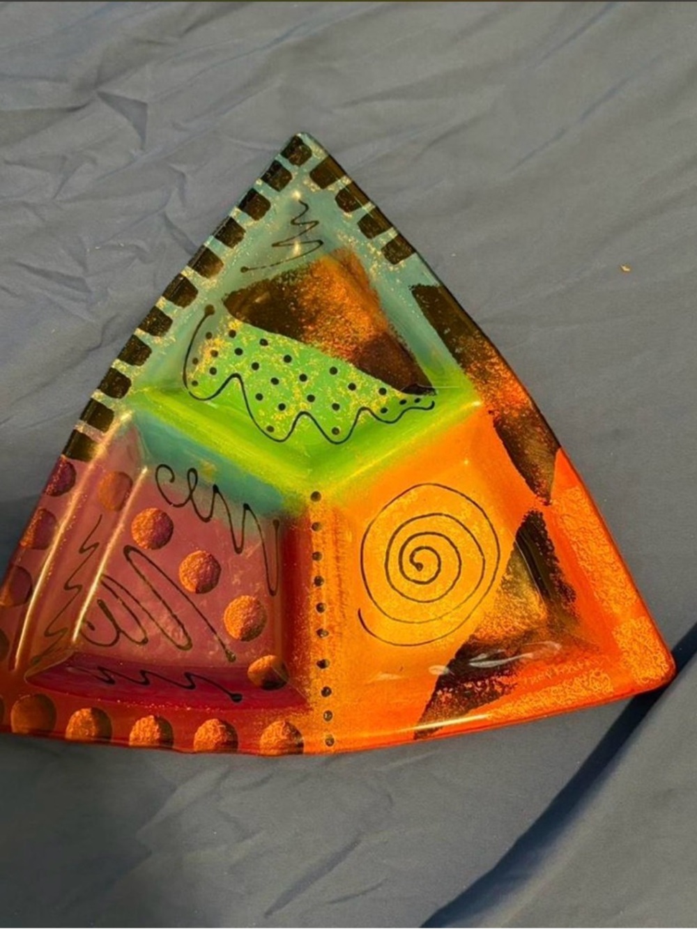 Triangular Abstract Hand-Painted Glass Art Plate By Fiala Design Works